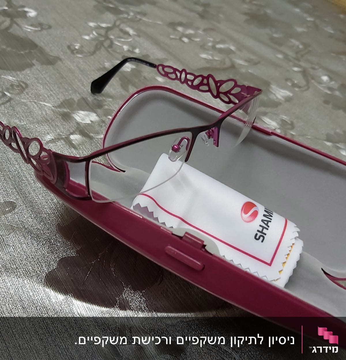 משקפיים בתוך נרתיק עם מטלית ניקוי